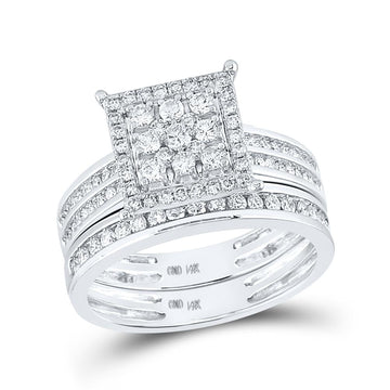 14kt White Gold His Hers Round Diamond Square Matching Wedding Set 1-1/2 Cttw