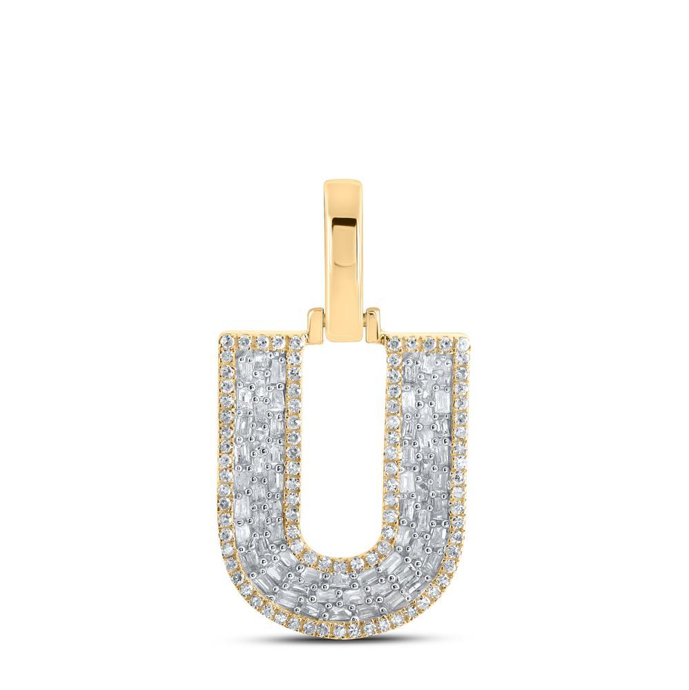 10kt Yellow Gold Mens Baguette Diamond U Initial Letter Charm Pendant 1/2 Cttw