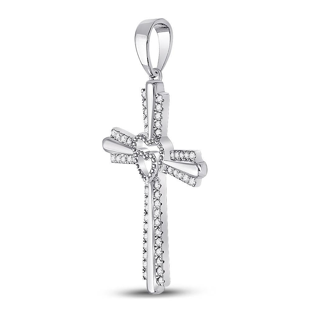 10kt White Gold Womens Round Diamond Heart Cross Pendant 1/4 Cttw