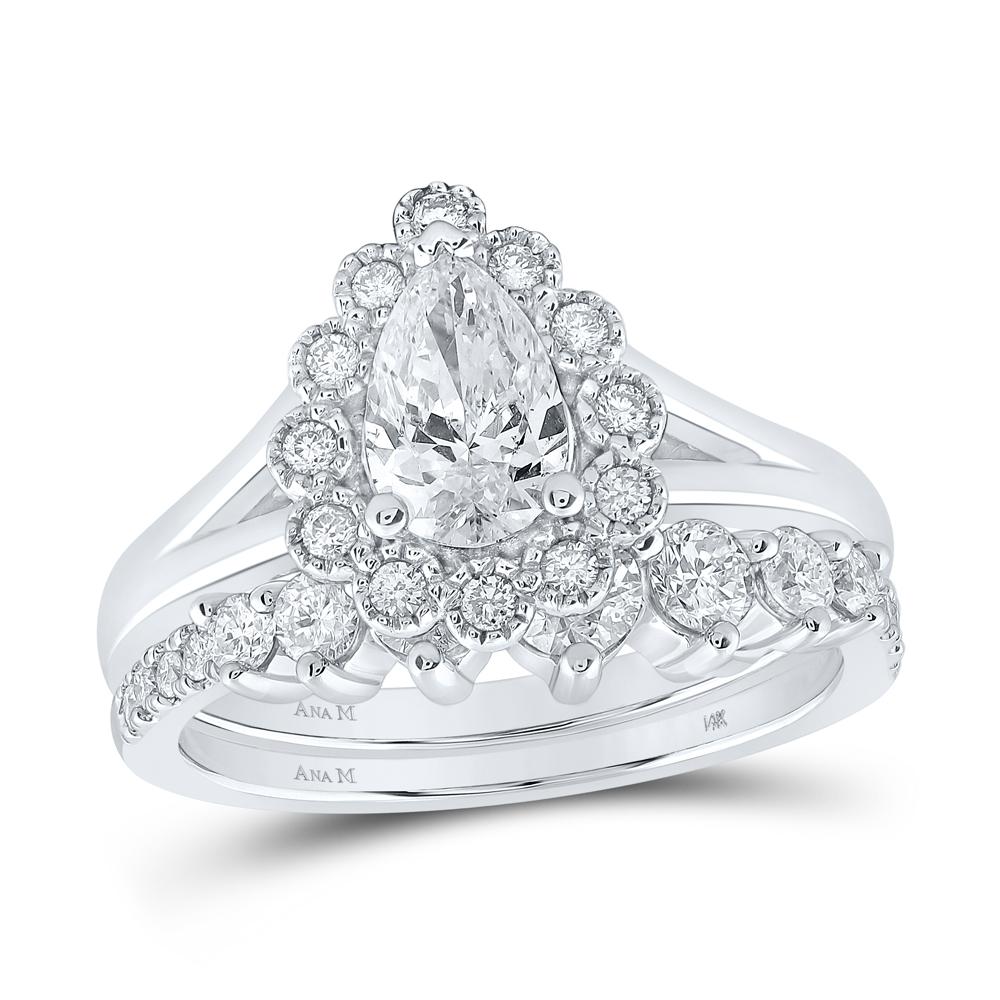 14kt White Gold Pear Diamond Halo Bridal Wedding Ring Band Set 1-1/2 Cttw