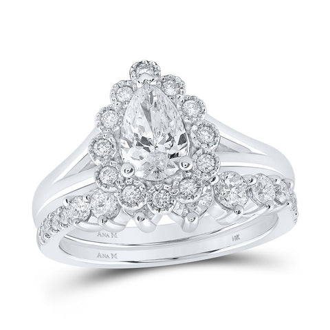 14kt White Gold Pear Diamond Halo Bridal Wedding Ring Band Set 1-1/2 Cttw