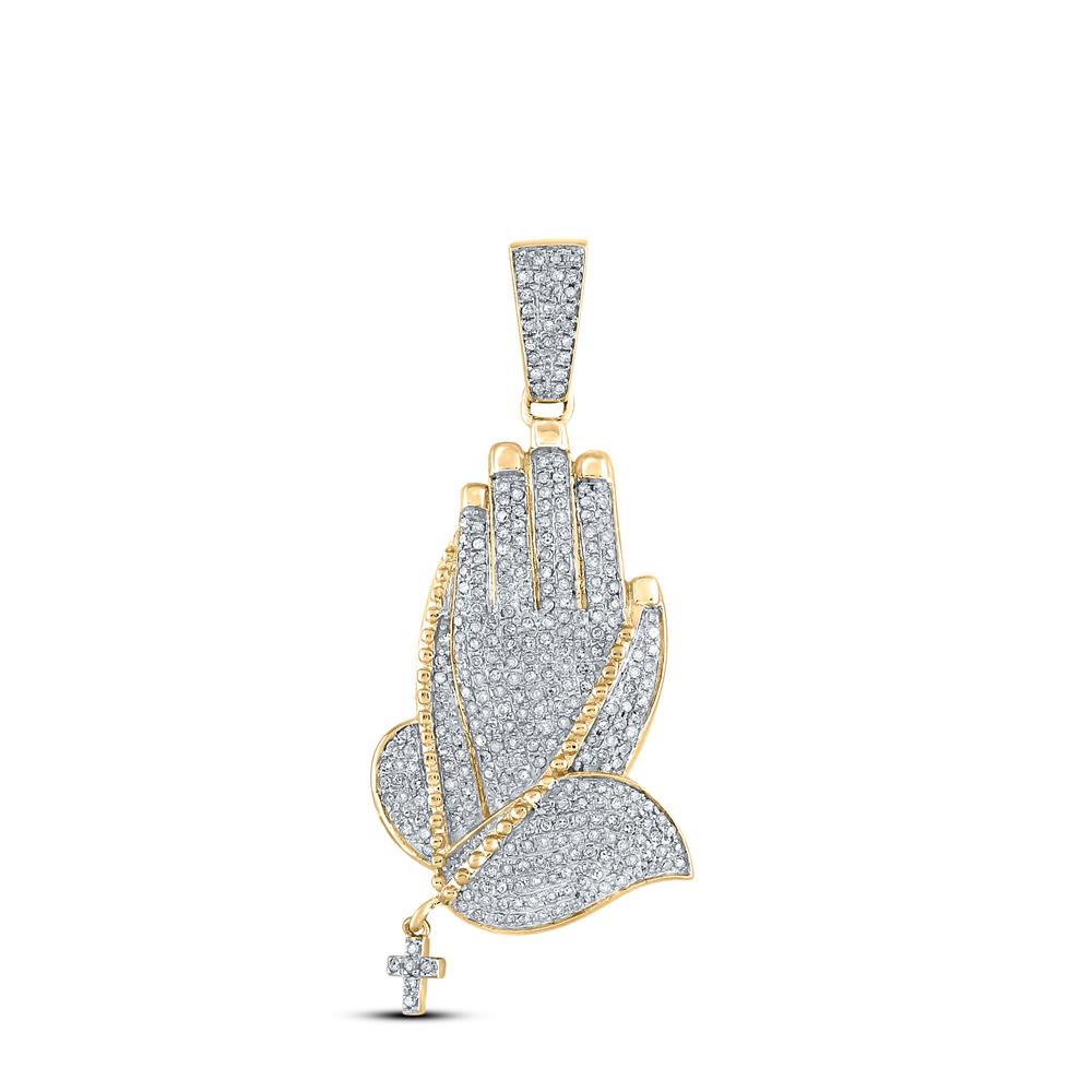 10kt Yellow Gold Mens Round Diamond Prayer Hands Charm Pendant 7/8 Cttw