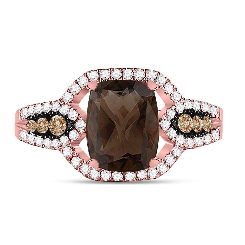10kt Rose Gold Womens Cushion Smoky Quartz Brown Diamond Solitaire Ring 2-1/3 Cttw