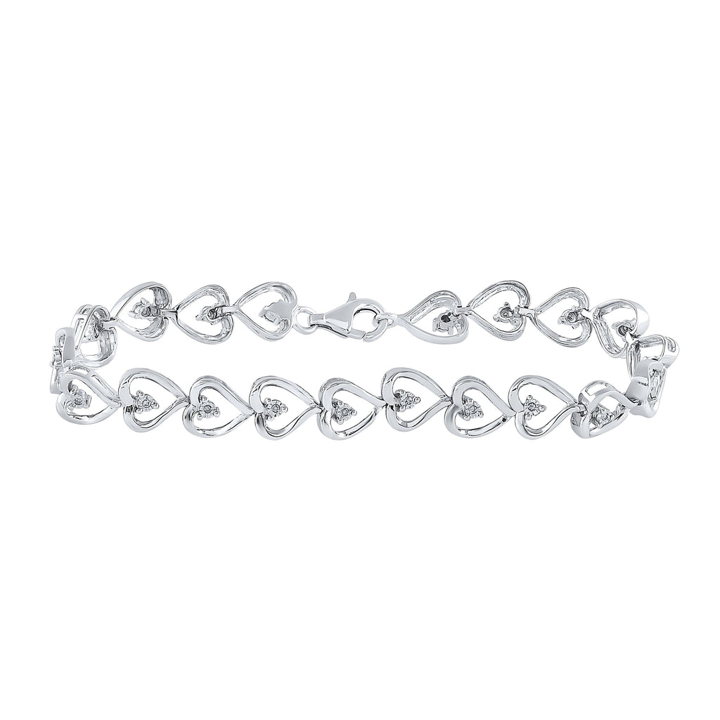 Sterling Silver Womens Round Diamond Heart Link Bracelet 1/10 Cttw