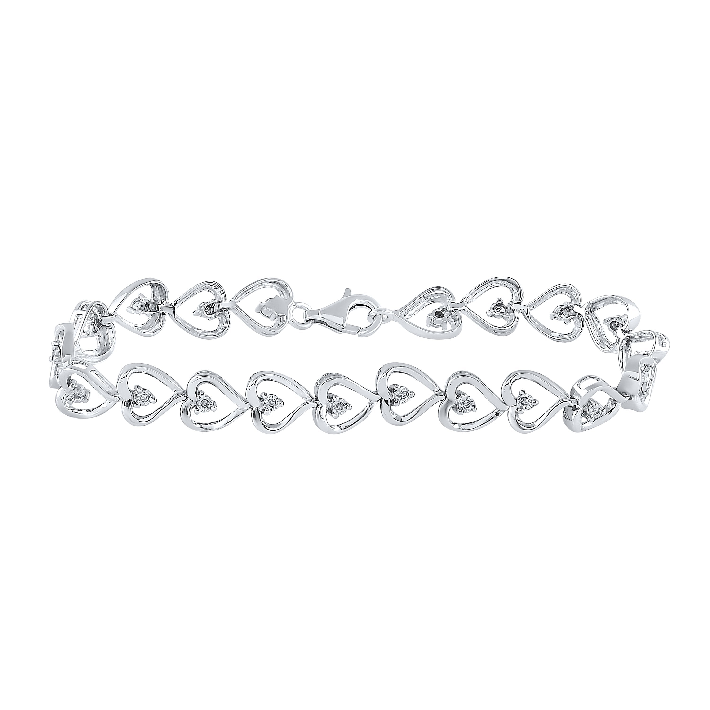 Sterling Silver Womens Round Diamond Heart Link Bracelet 1/10 Cttw