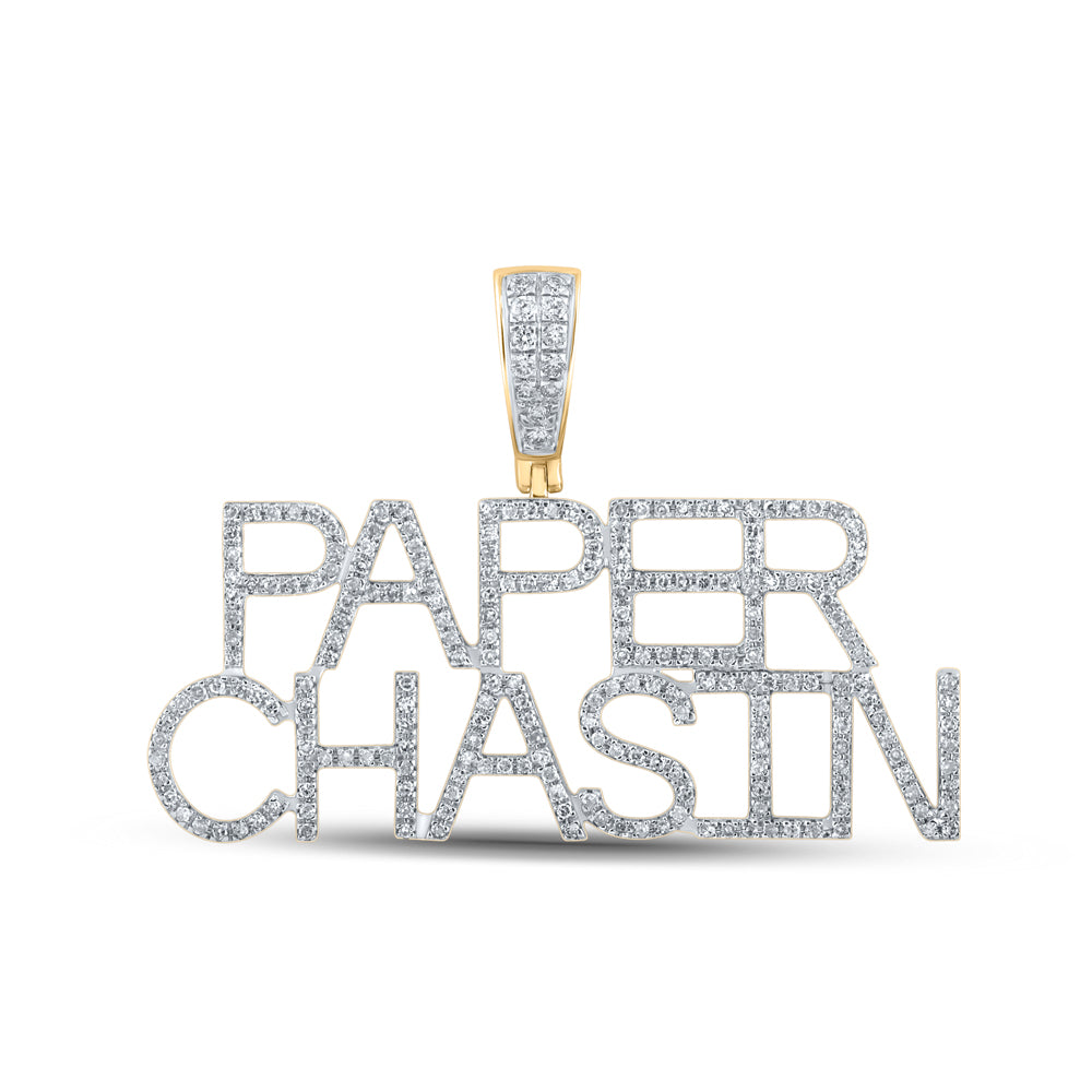 10kt Yellow Gold Mens Round Diamond Paper Chasin Phrase Charm Pendant 5/8 Cttw