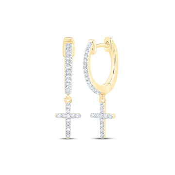 10kt Yellow Gold Womens Round Diamond Cross Dangle Earrings 1/6 Cttw
