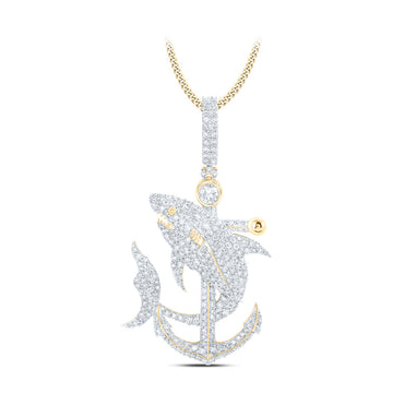 10kt Yellow Gold Mens Round Diamond Shark Anchor Charm Pendant 3-1/4 Cttw