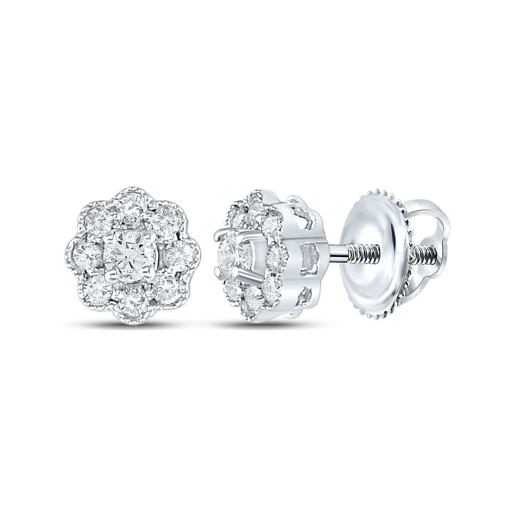 14kt White Gold Womens Round Diamond Flower Cluster Earrings 1/4 Cttw