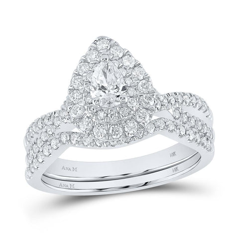 14kt White Gold Pear Diamond Halo Bridal Wedding Ring Band Set 1 Cttw