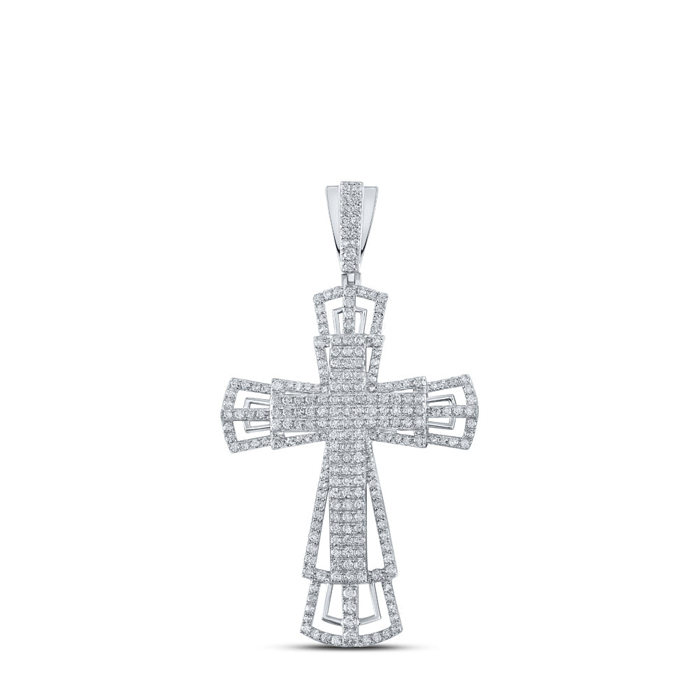 10kt White Gold Mens Round Diamond Cross Charm Pendant 2-1/3 Cttw