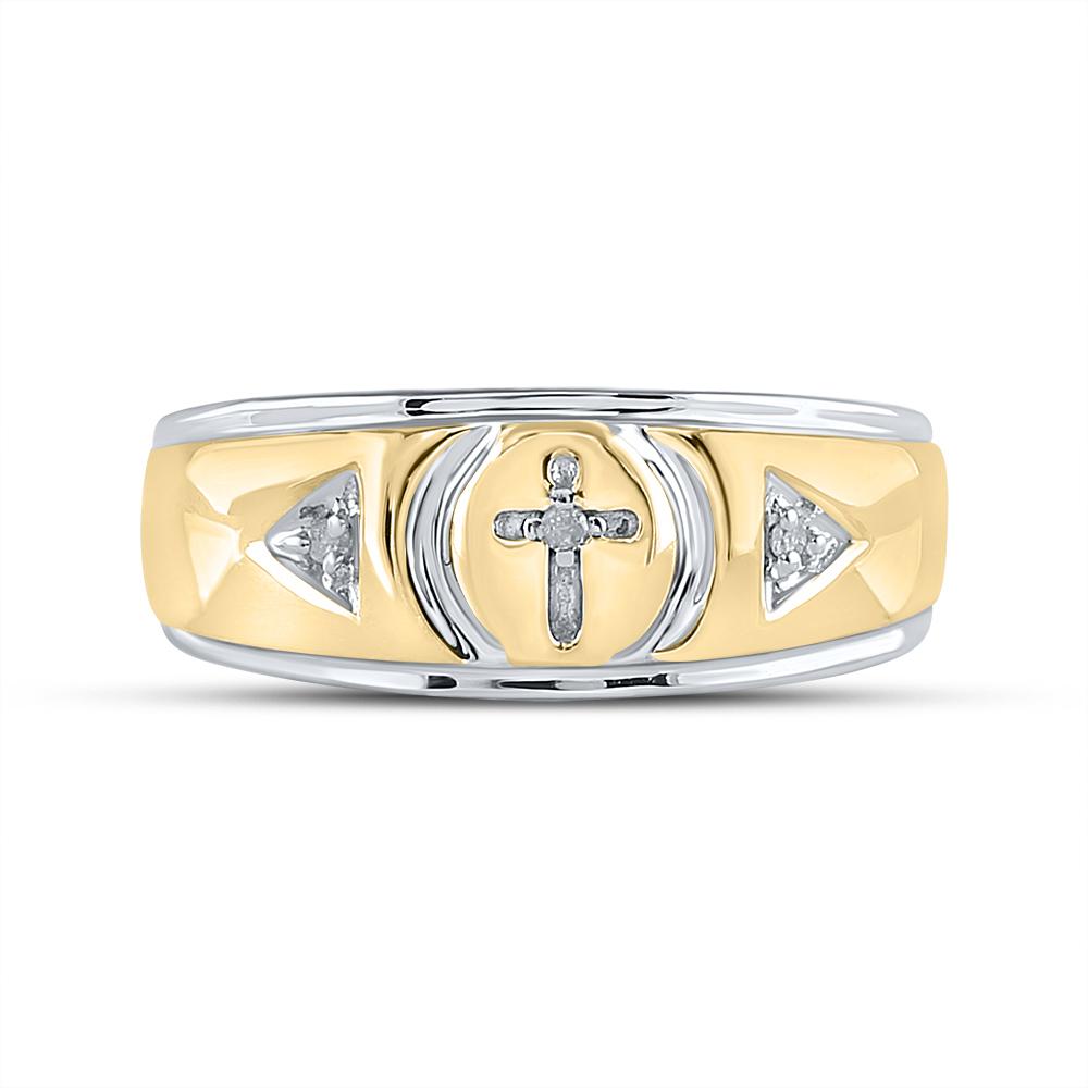 Yellow-tone Sterling Silver Mens Round Diamond Cross Wedding Band Ring 1/20 Cttw
