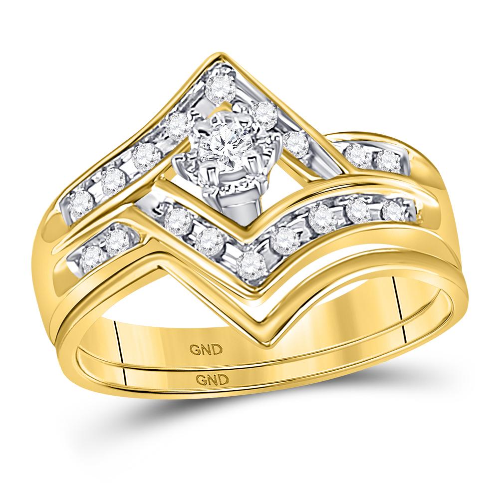 14kt Two-tone Gold Round Diamond Chevron Bridal Wedding Ring Band Set 1/4 Cttw