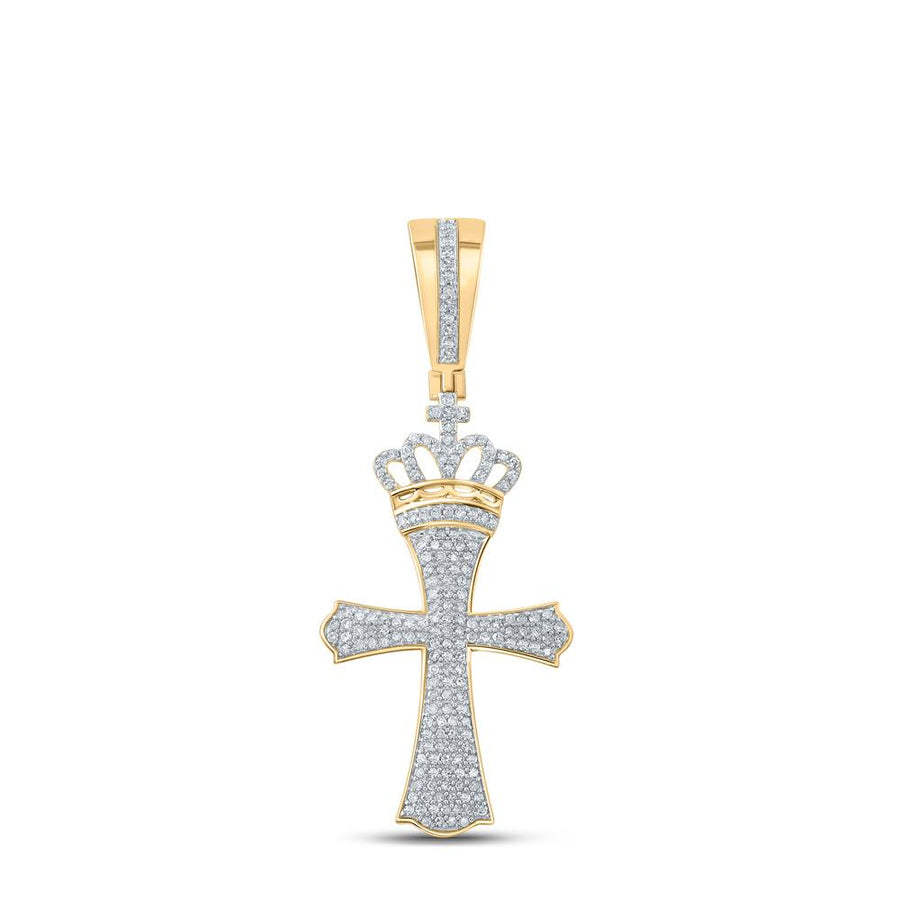 10kt Yellow Gold Mens Round Diamond Crown King Cross Charm Pendant 1/2 Cttw