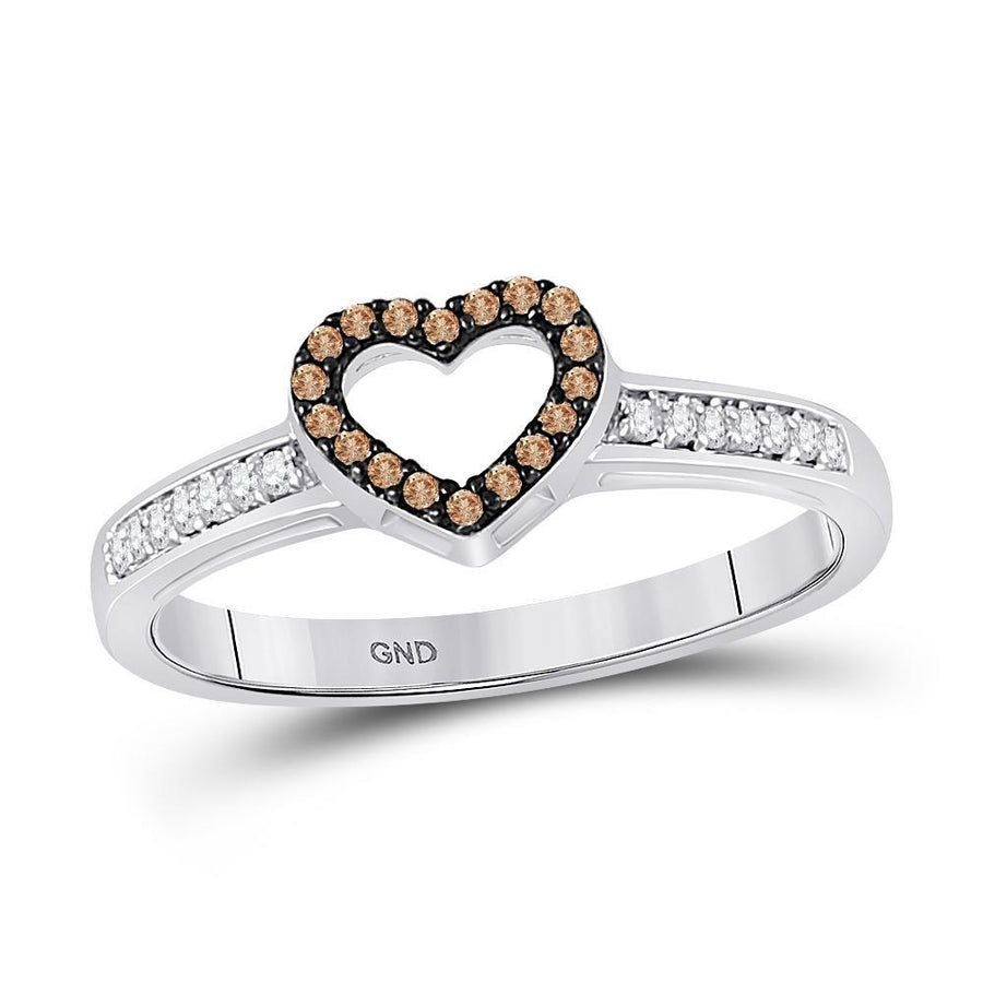 10kt White Gold Womens Round Brown Diamond Heart Ring 1/8 Cttw