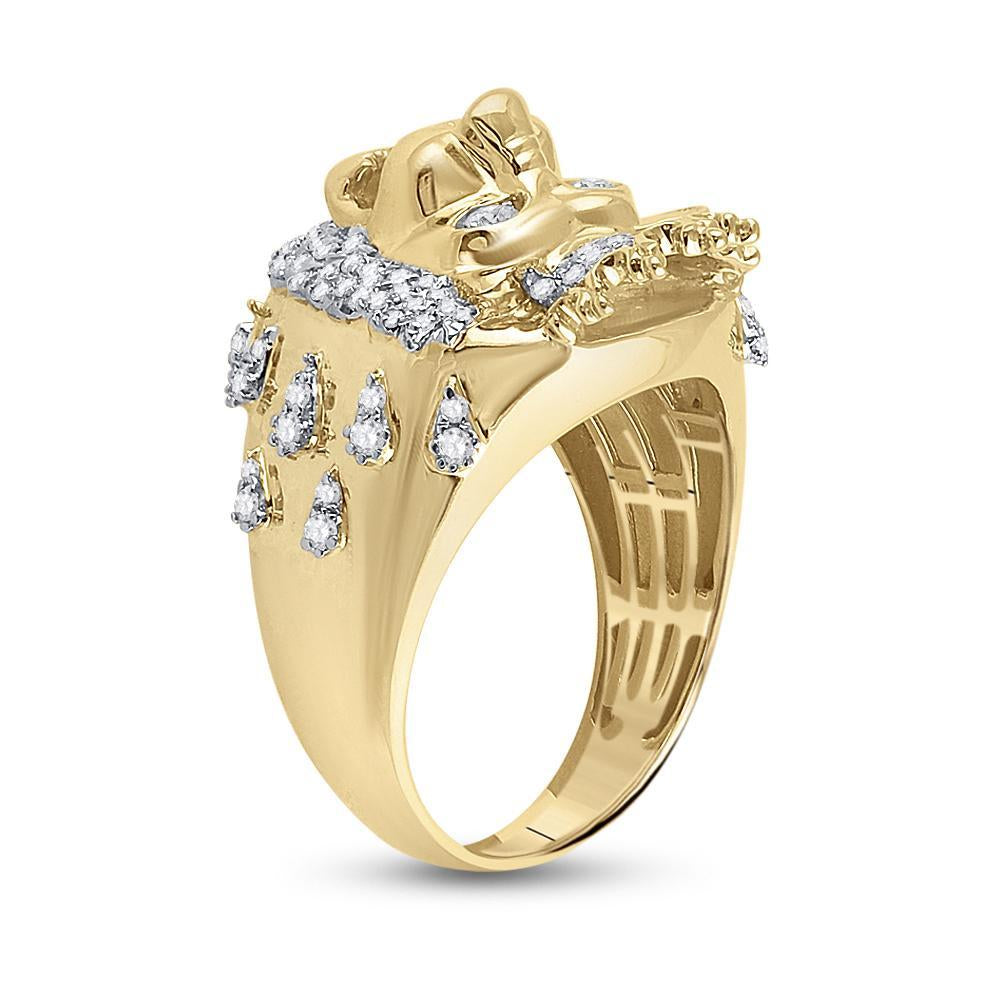 10kt Yellow Gold Mens Round Diamond Lion Head Crown Animal Ring 7/8 Cttw