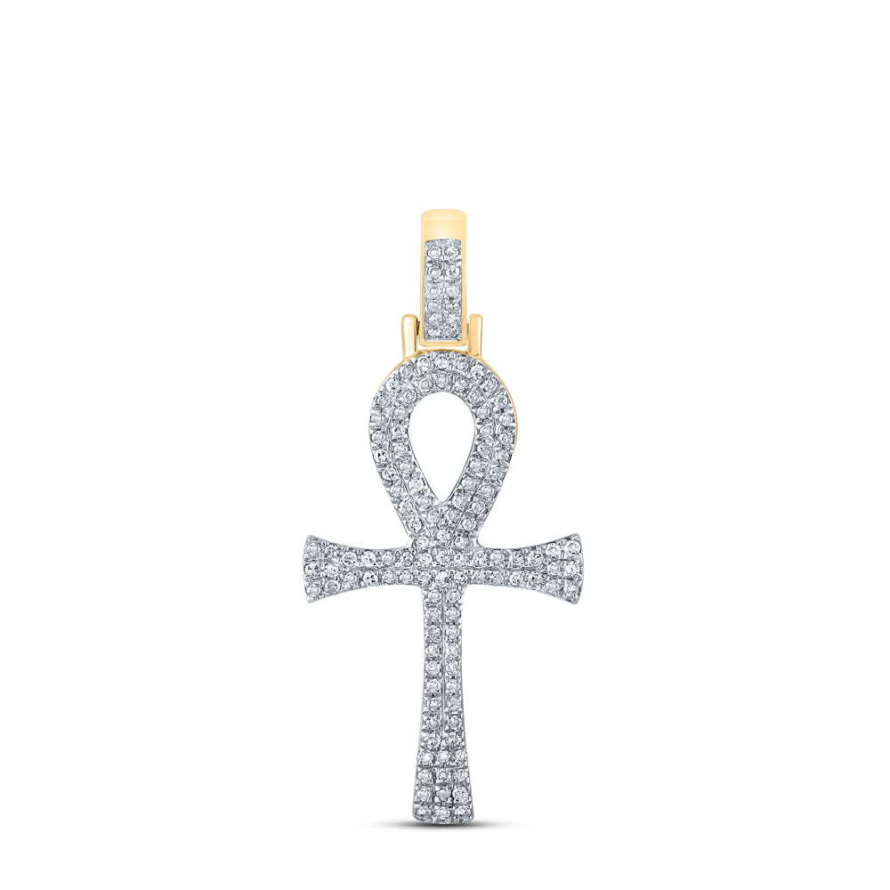 10kt Yellow Gold Mens Round Diamond Ankh Cross Charm Pendant 1/3 Cttw