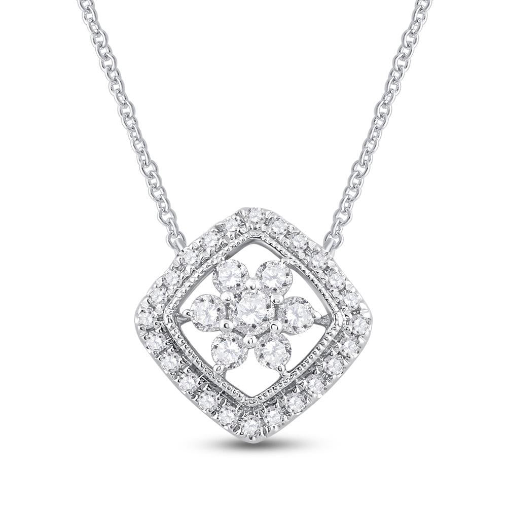 14kt White Gold Womens Round Diamond Offset Square Cluster Necklace 1/2 Cttw
