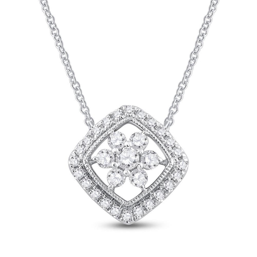 14kt White Gold Womens Round Diamond Offset Square Cluster Necklace 1/2 Cttw
