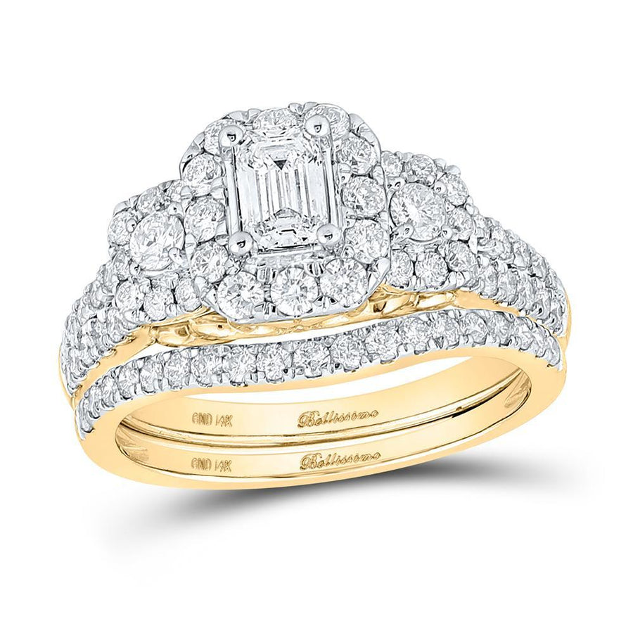 14kt Yellow Gold Emerald Diamond Halo Bridal Wedding Ring Band Set 1-1/2 Cttw