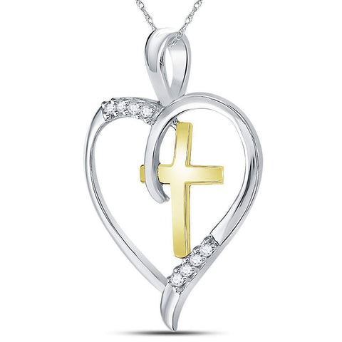 Sterling Silver Womens Round Diamond Cross Heart Pendant 1/20 Cttw