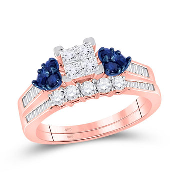 10kt Rose Gold Womens Princess Diamond Blue Sapphire Bridal Wedding Ring Band Set 3/4 Cttw