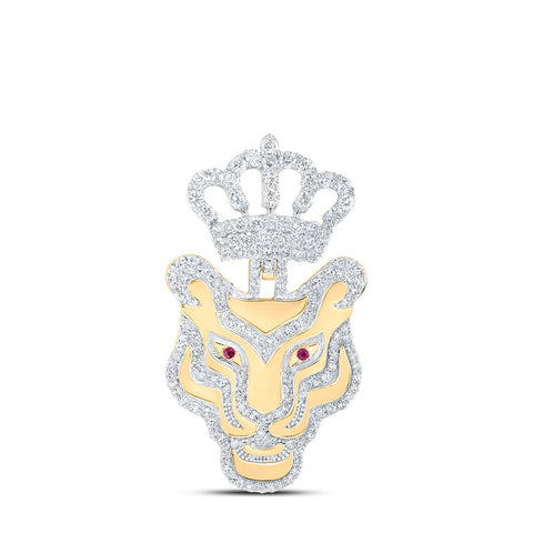 10kt Yellow Gold Mens Round Ruby Diamond Tiger Crown Charm Pendant 1-1/4 Cttw