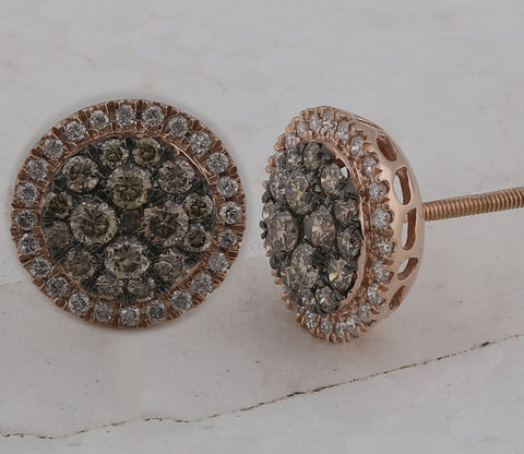 14kt Rose Gold Womens Round Brown Diamond Circle Frame Cluster Earrings 1 Cttw