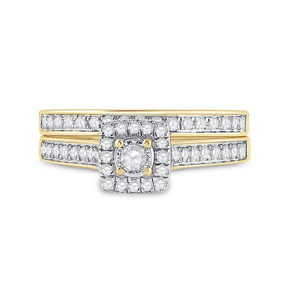 10kt Yellow Gold Round Diamond Halo Bridal Wedding Ring Band Set 1/2 Cttw