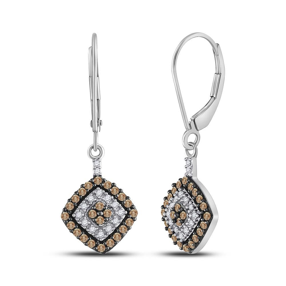 10kt White Gold Womens Round Brown Diamond Square Dangle Earrings 1/2 Cttw