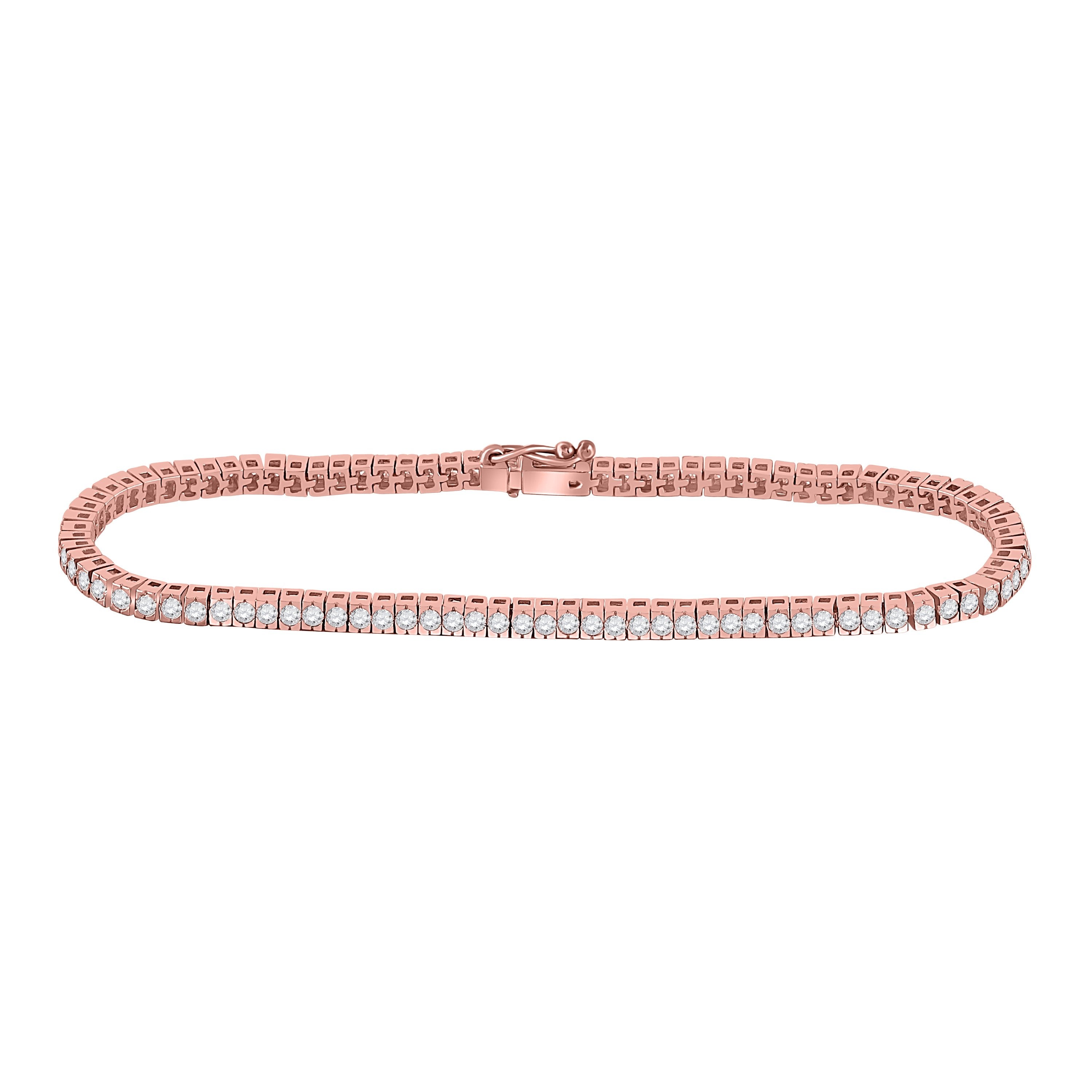 14kt Rose Gold Womens Round Diamond Classic Tennis Bracelet 2 Cttw