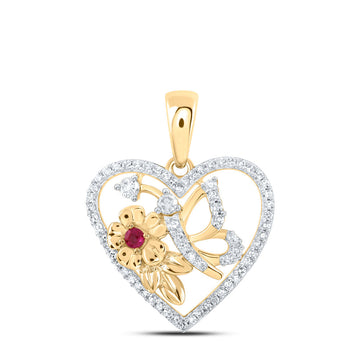 10kt Yellow Gold Womens Round Ruby Diamond Butterfly Heart Pendant 1/5 Cttw