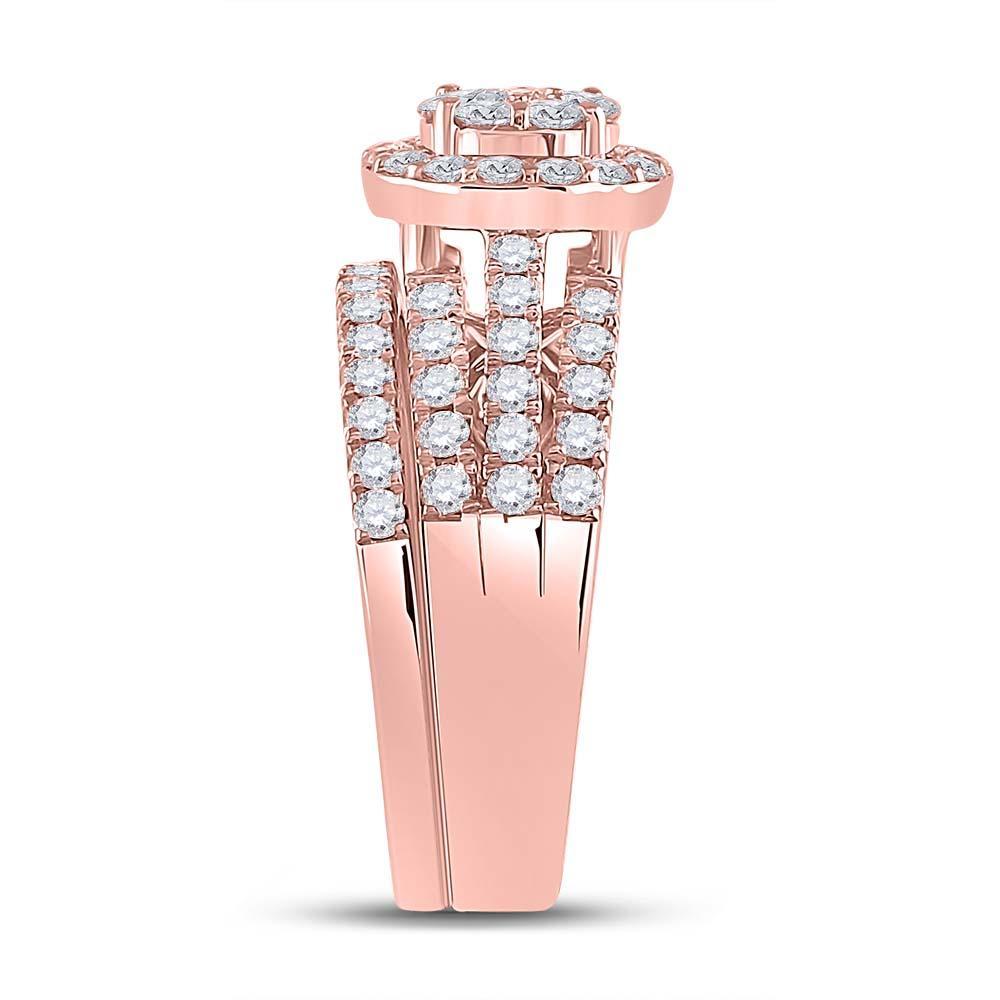 14kt Rose Gold His Hers Round Diamond Cluster Matching Wedding Set 1-3/4 Cttw