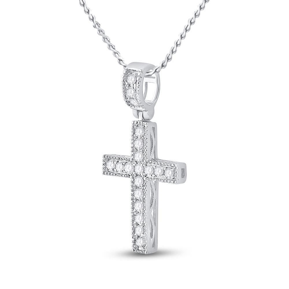 14kt White Gold Womens Round Diamond Milgrain Cross Pendant 1/5 Cttw
