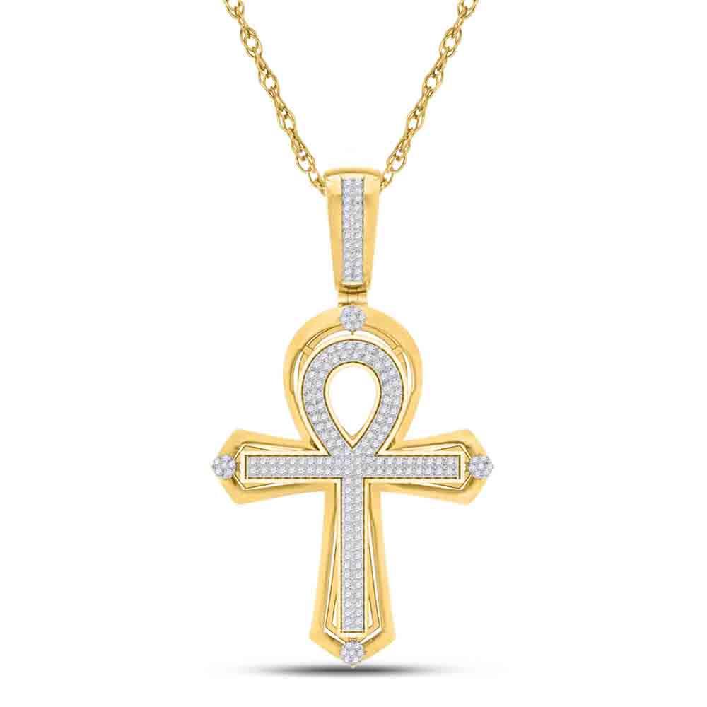 10kt Yellow Gold Mens Round Diamond Ankh Cross Charm Pendant 3/8 Cttw
