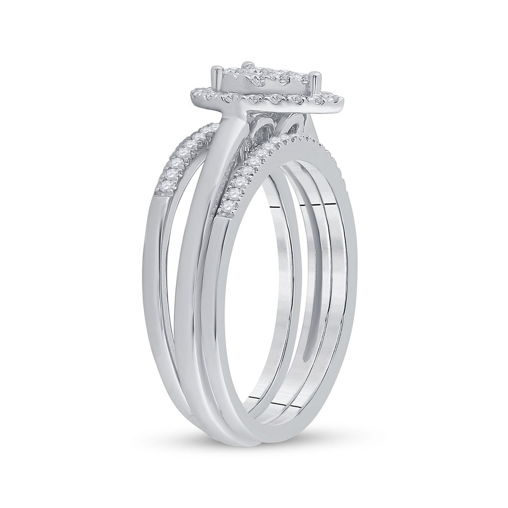 14kt White Gold Diamond Heart 3-Piece Bridal Wedding Ring Band Set 1/2 Cttw