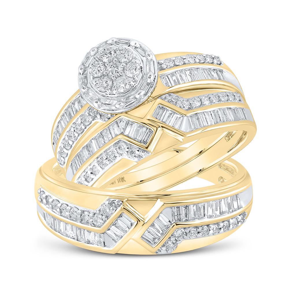 10kt Yellow Gold His Hers Round Diamond Cluster Matching Wedding Set 1 Cttw