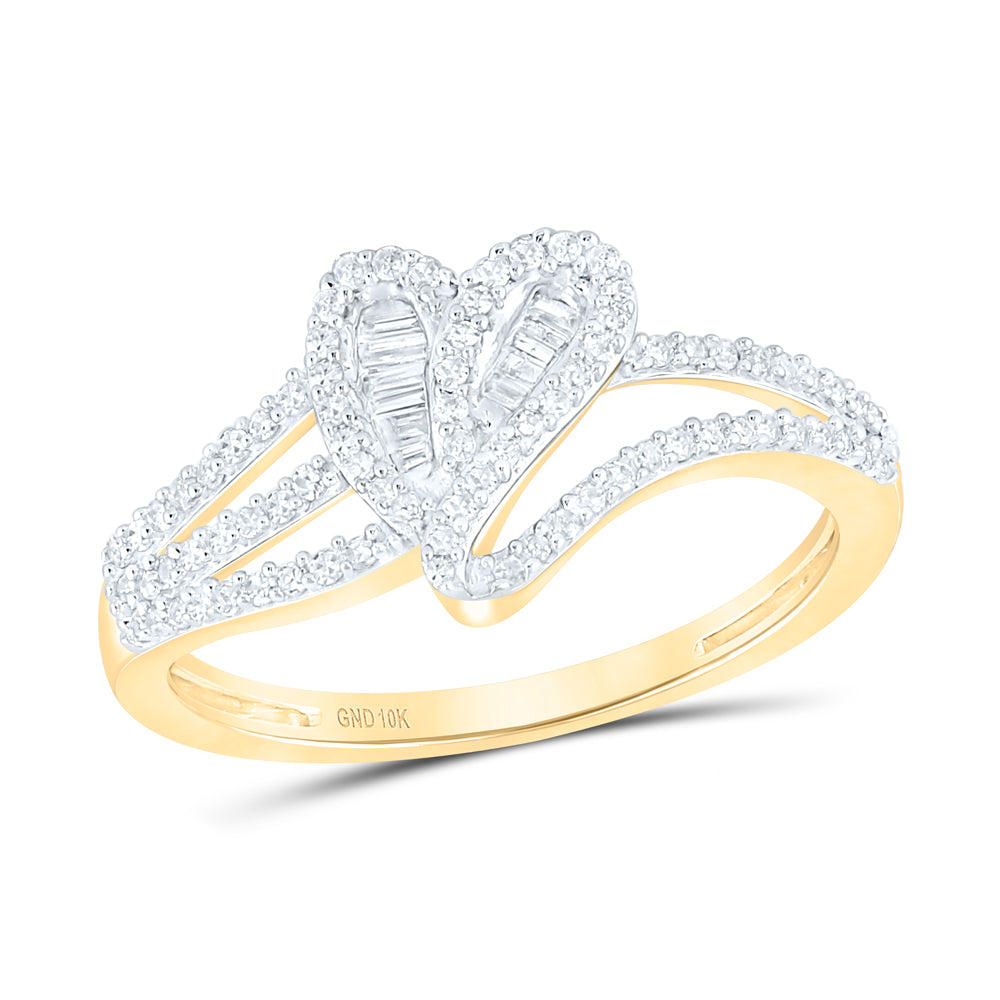 10kt Yellow Gold Womens Baguette Diamond Heart Ring 1/3 Cttw