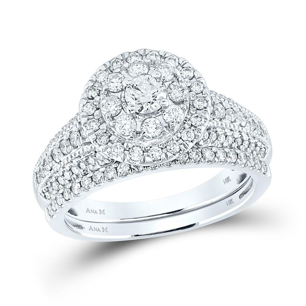 14kt White Gold Round Diamond Halo Bridal Wedding Ring Band Set 1 Cttw