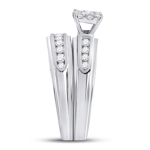 14kt White Gold His Hers Round Diamond Cluster Matching Wedding Set 1 Cttw