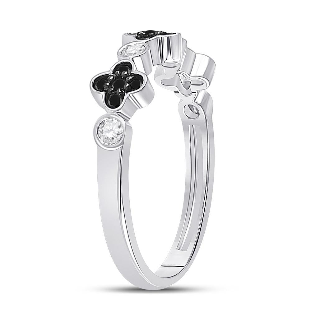 10kt White Gold Womens Round Black Color Enhanced Diamond Clover Band Ring 1/4 Cttw