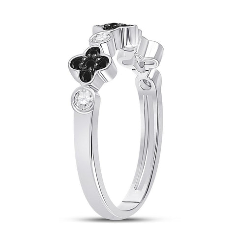 10kt White Gold Womens Round Black Color Enhanced Diamond Clover Band Ring 1/4 Cttw