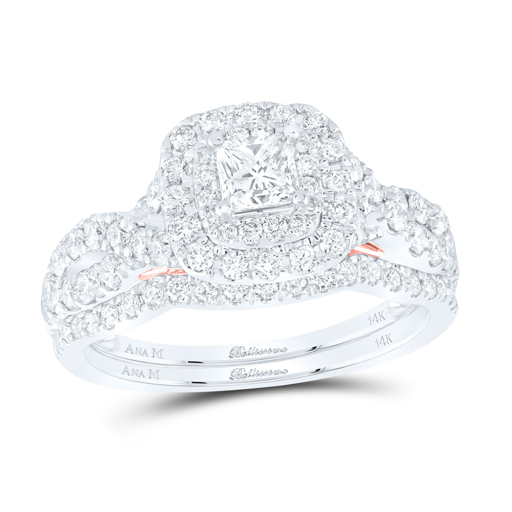 14kt Two-tone Gold Princess Diamond Bridal Wedding Ring Band Set 1-1/4 Cttw