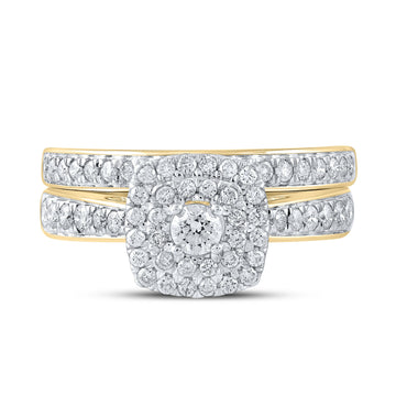 10kt Yellow Gold Round Diamond Halo Bridal Wedding Ring Band Set 3/4 Cttw