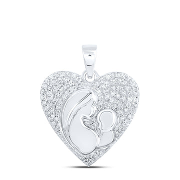 10kt White Gold Womens Round Diamond Mother Child Heart Pendant 1/5 Cttw