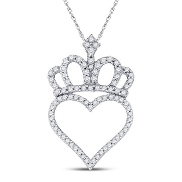 10kt White Gold Womens Round Diamond Crown Heart Pendant 1/3 Cttw