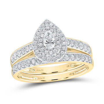 14kt Yellow Gold Pear Diamond Halo Bridal Wedding Ring Band Set 3/4 Cttw
