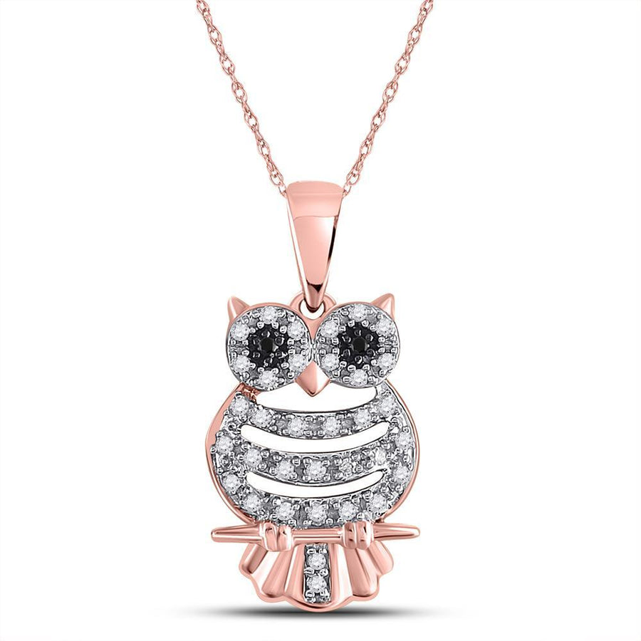 10kt Rose Gold Womens Round Black Color Enhanced Diamond Owl Animal Pendant 1/6 Cttw