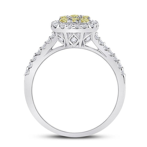 14kt White Gold Womens Round Yellow Diamond Square Cluster Ring 3/4 Cttw