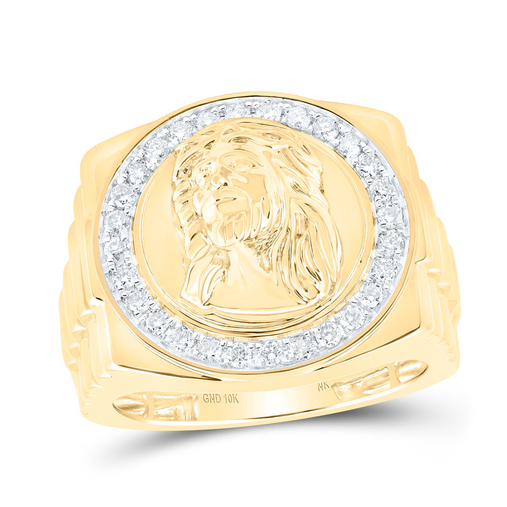 10kt Yellow Gold Mens Round Diamond Jesus Face Circle Ring 1/2 Cttw